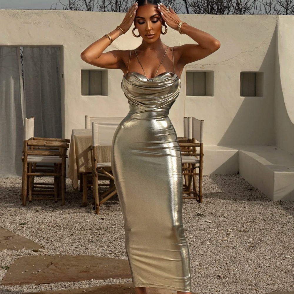 JLUXLABEL LIGHT GOLD VISIONS OF YOU MIDI DRESS BNWT
